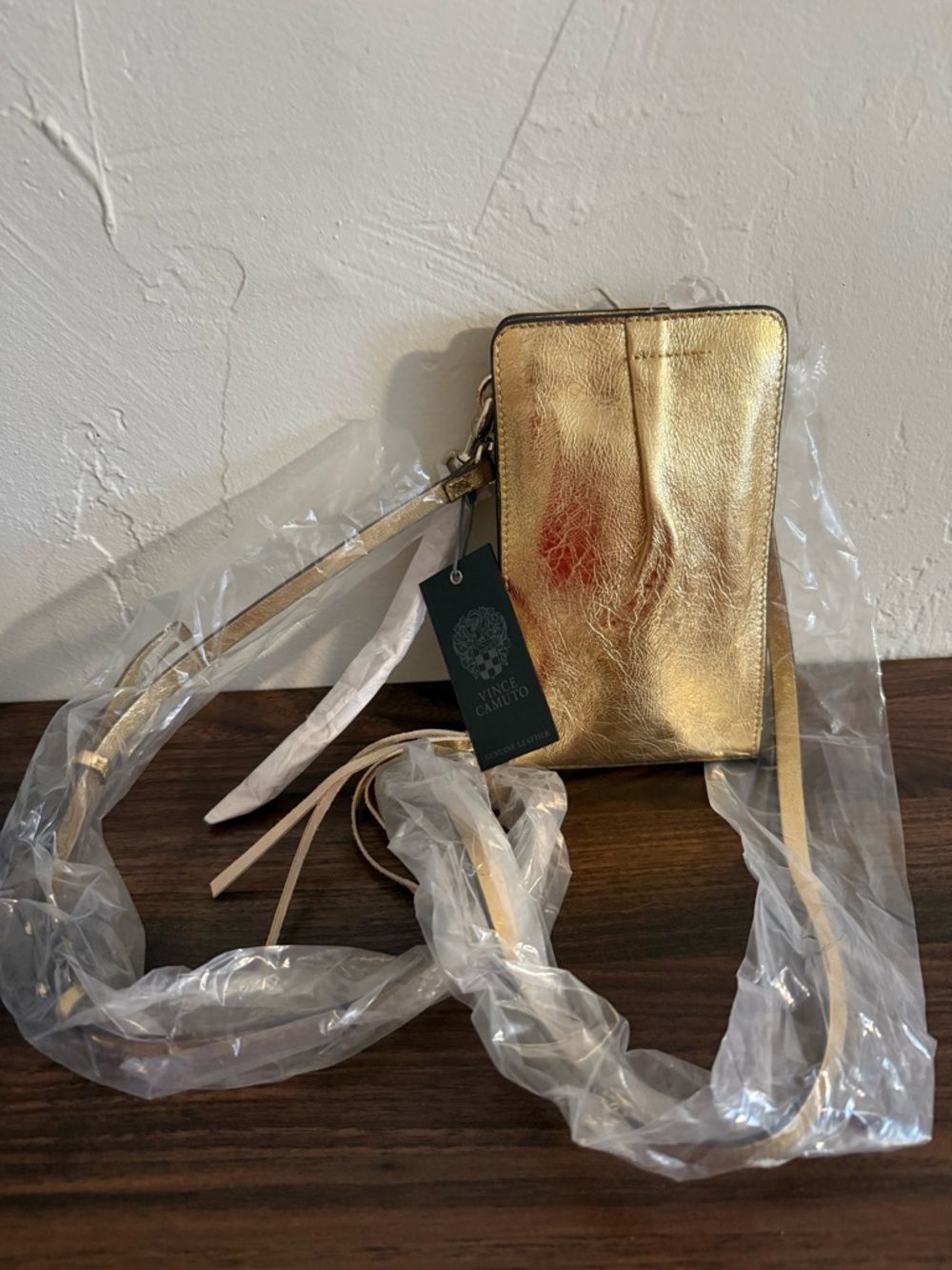 Vince Camuto Metallic Gold Leather Crossbody Wristlet Phone Bag